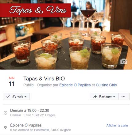 création événement Facebook pour l'épicerie Ô Papilles à Avignon