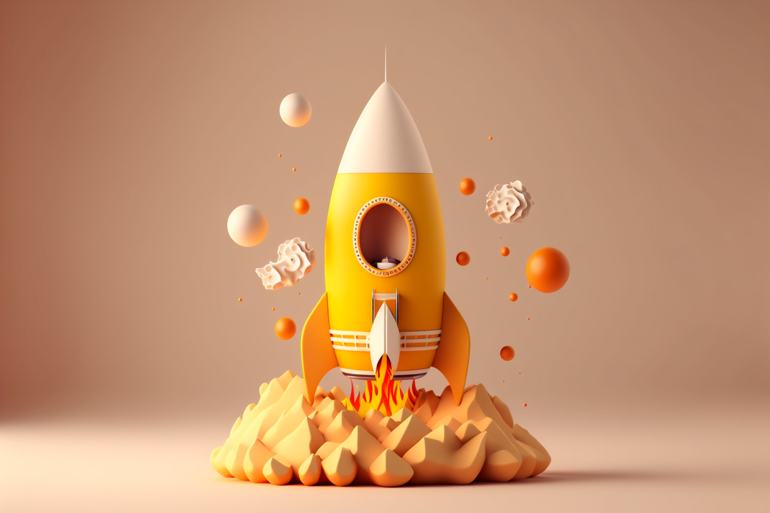 Abstract yellow rocket ship concept in cartoon style.